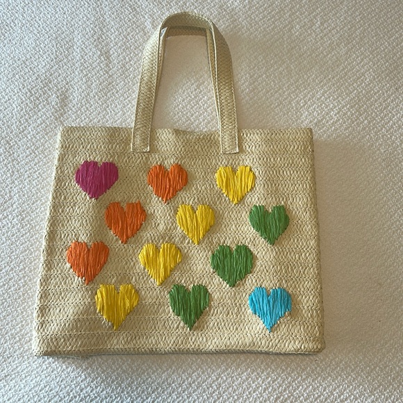 Mark & Graham Handbags - NWOT Mark & Graham Colorful Hearts Straw Beach Tote Book Baby School Travel…